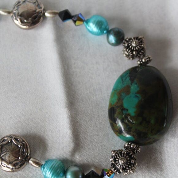 Sterling Silver, Natural Turquoise 24 " Necklace - Picture 5 of 11